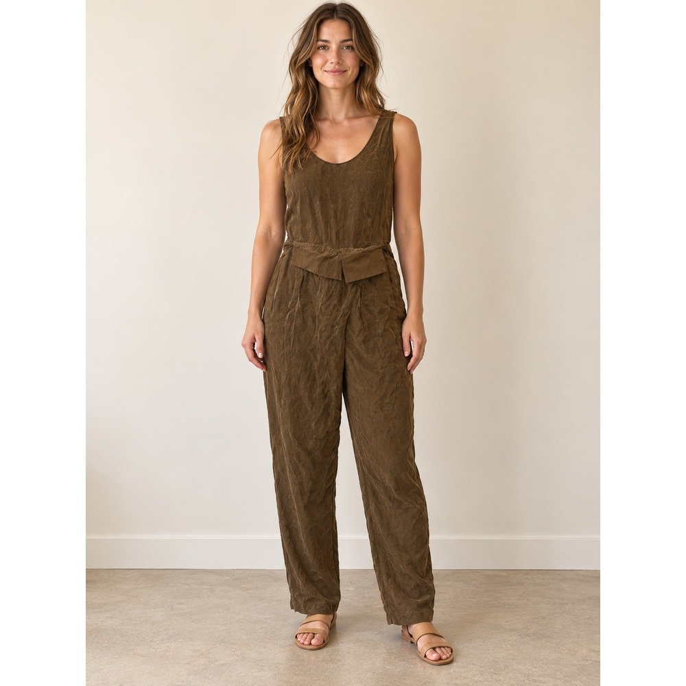 UNB Olive Brown Textured Sleeveless Jumpsuit Women L Back Cutout Boho